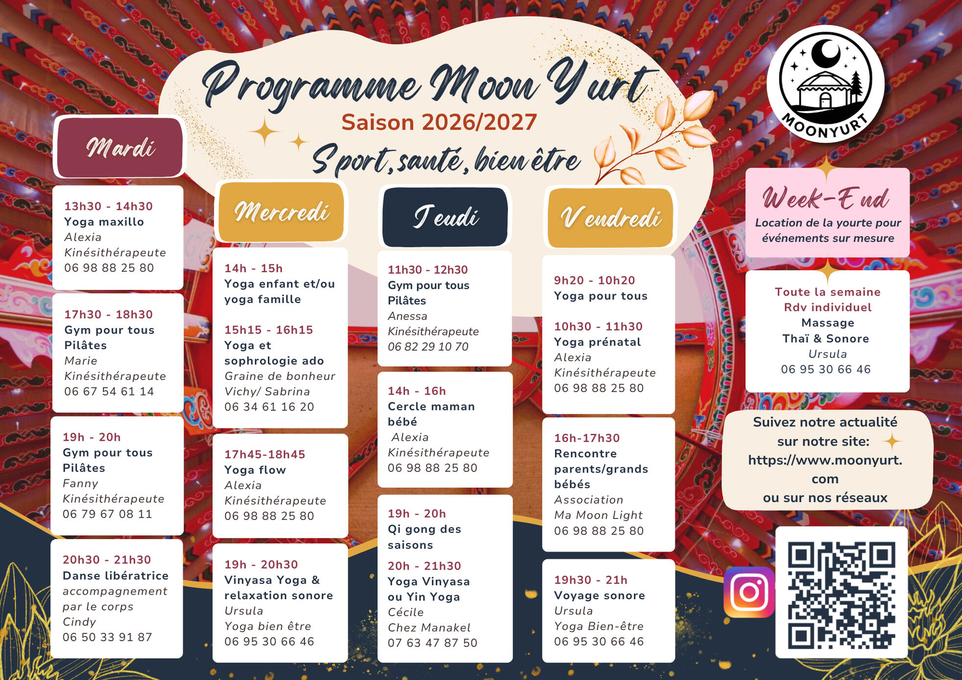 Programme Moon Yurt saison 2026/2027 — planning hebdomadaire des cours